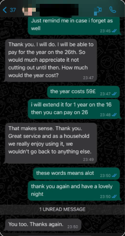 WhatsApp chat: customer says their household really enjoys the service