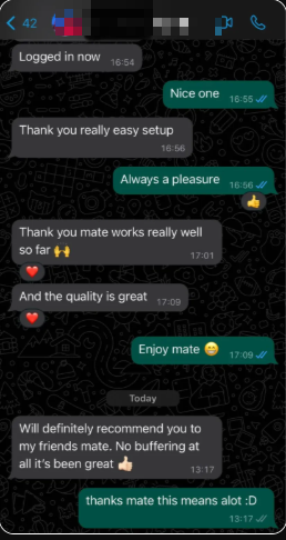 WhatsApp chat: customer says setup was easy and quality is great